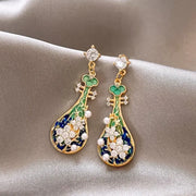 Silver Needle: Green Oil-Spot Glaze Flowers Pearl Pipa Earrings