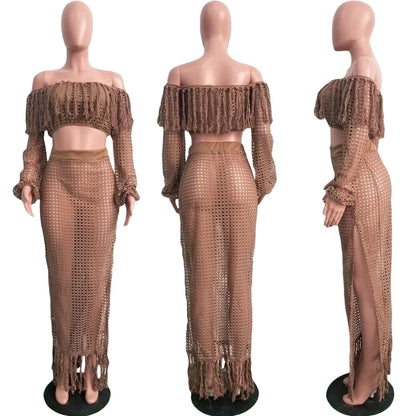 beach women's sexy solid color polyester hollow out skirt sets skirt sets