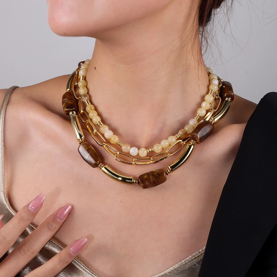 Retro Geometric Arylic Alloy Beaded Chain Paperclip Chain Layered Necklaces