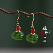 Silver Ear Hook: Red Bead Green Shaped Pendant Earrings
