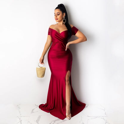 women's party dress elegant v neck short sleeve solid color maxi long dress evening party