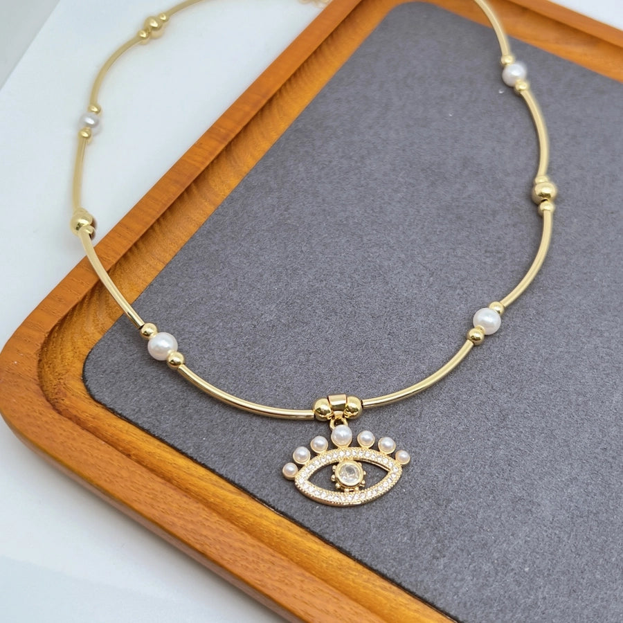 Jewelry Retro Eye Dragonfly Copper Pearl Zircon 18K Gold Plated Plating Inlay Pendant Necklace