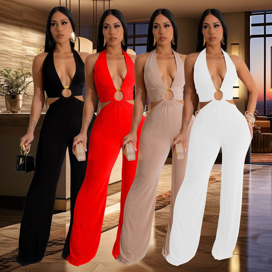 Women's Holiday Banquet Sexy Solid Color Full Length Jumpsuits