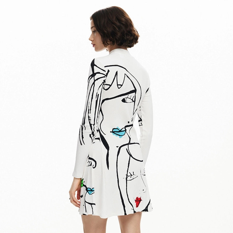 Women's A- Line Skirt Streetwear Round Neck Long Sleeve Portrait Lines Above Knee Daily