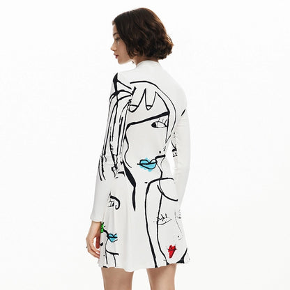Women's A- Line Skirt Streetwear Round Neck Long Sleeve Portrait Lines Above Knee Daily