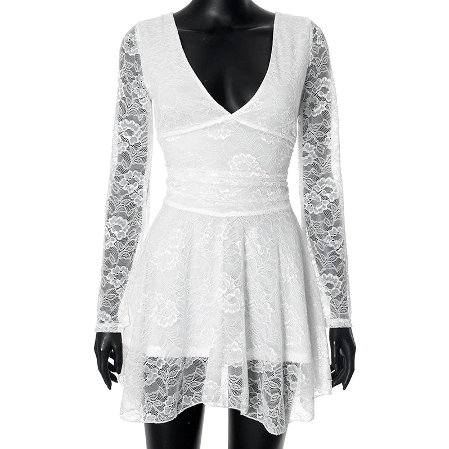 Women's A- Line Skirt Streetwear V Neck Lace Long Sleeve Solid Color Above Knee Daily