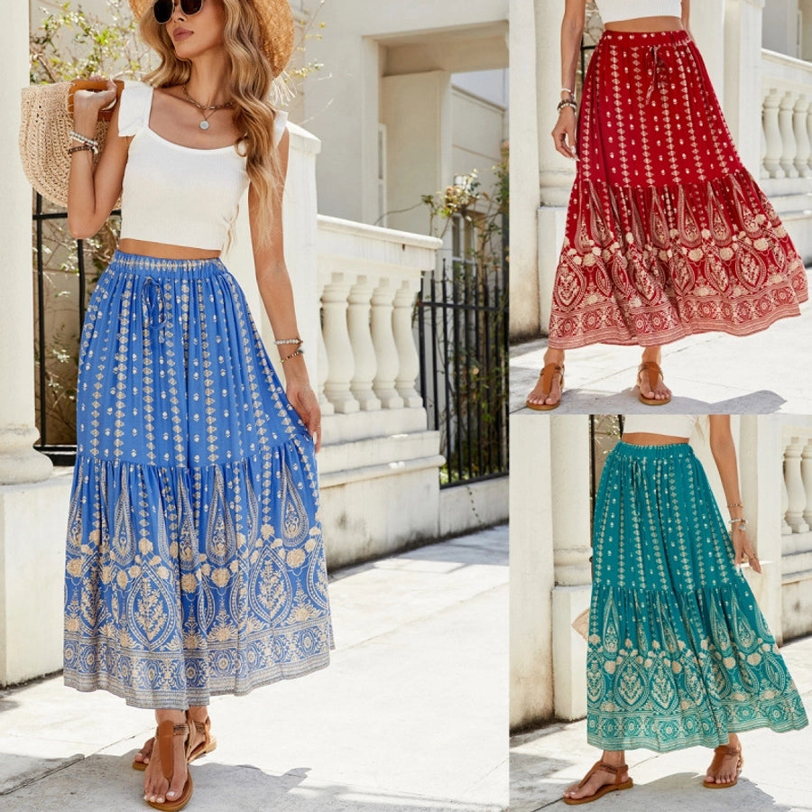 Summer Vacation Printing Polyester Maxi Long Dress Skirts
