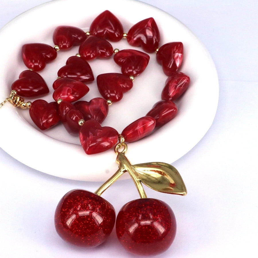 Jewelry Elegant Cherry Heart Shape Resin Copper 18K Gold 18K Gold Plated Plating Pendant Necklace