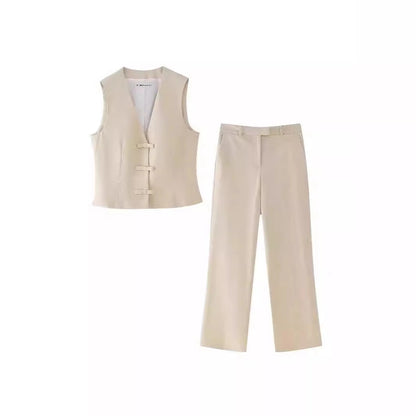 Business Women's British Style Solid Color Polyester Button Pants Sets Pants Sets