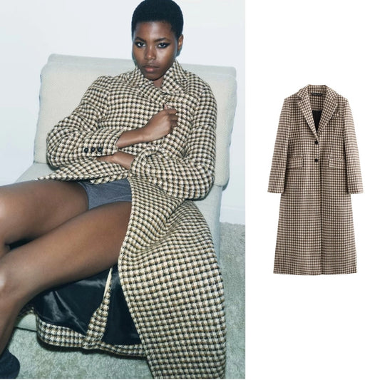 Women's Elegant Plaid Pocket Single Breasted Woolen Coat