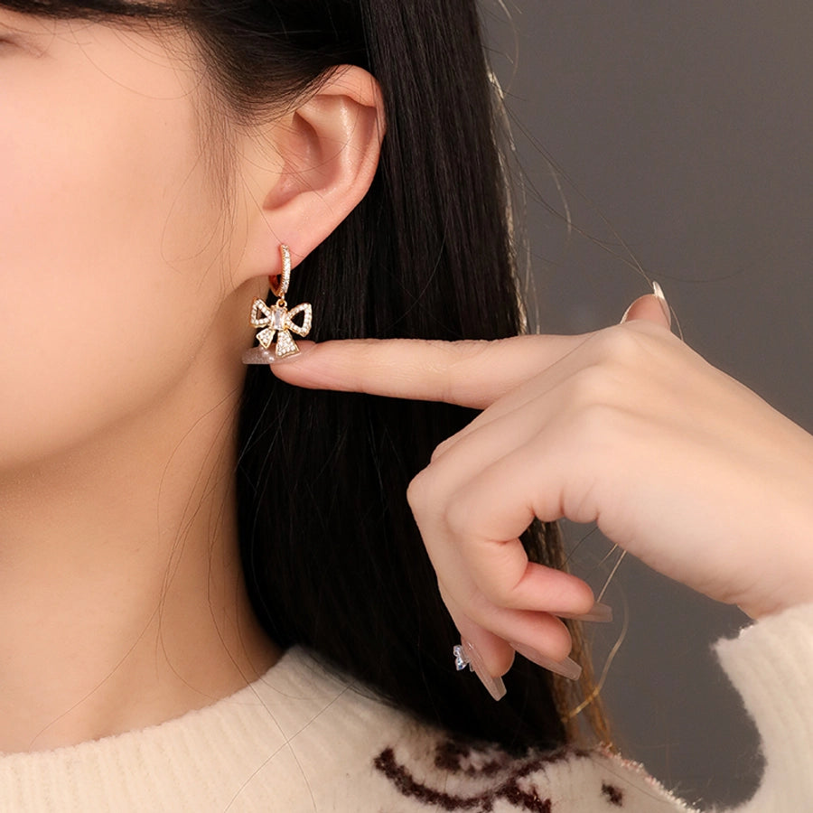 1 Pair Sweet Bow Knot Inlay Copper Zircon Drop Earrings