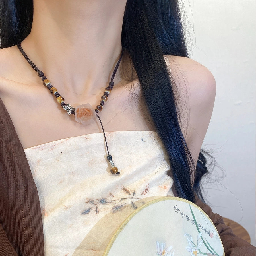 Retro Sweet Flower Synthetic Resin Fabric ceramics  Pendant Necklaces