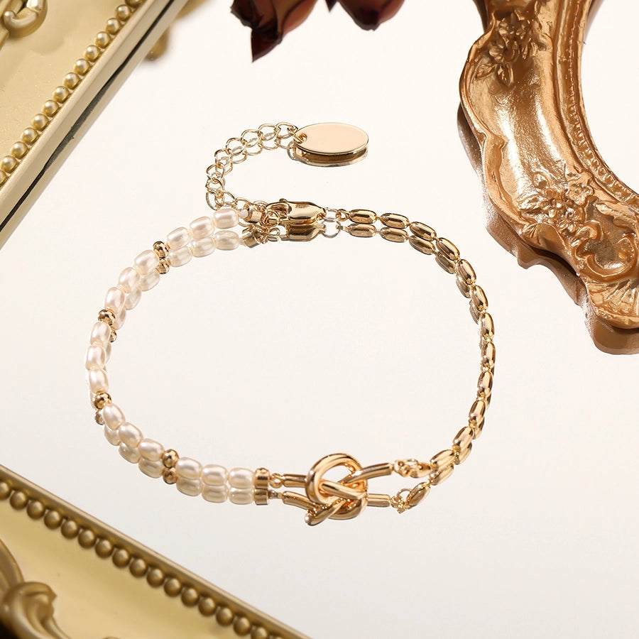 Glass Copper ball chain 16K Gold Plated Beaded Pearl Plating Knot Bracelets