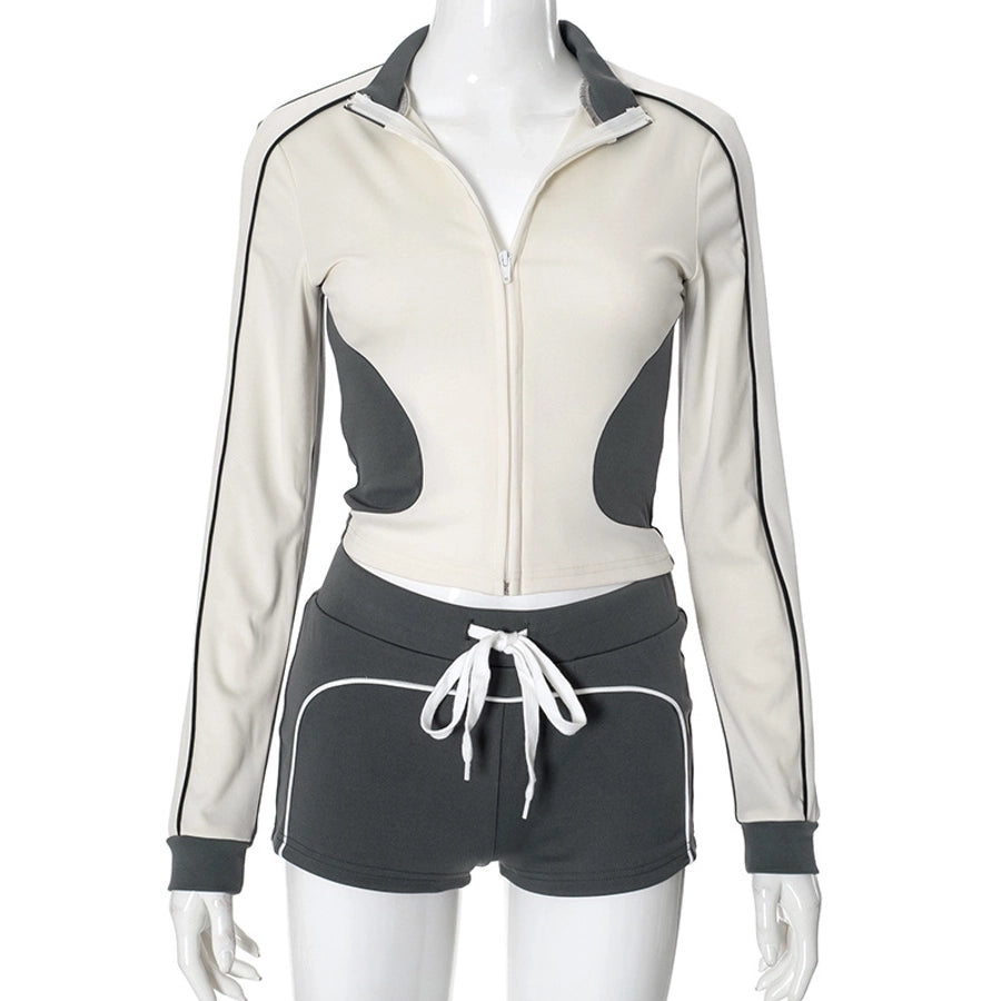 Daily Women's Streetwear Contrast Collar Spandex Polyester Twilled Satin Shorts Sets Shorts Sets
