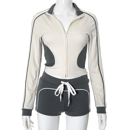 Daily Women's Streetwear Contrast Collar Spandex Polyester Twilled Satin Shorts Sets Shorts Sets
