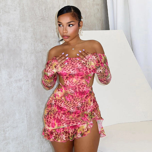 Women's Sheath Dress Streetwear Strapless Printing Long Sleeve Flower Short Mini Dress Daily