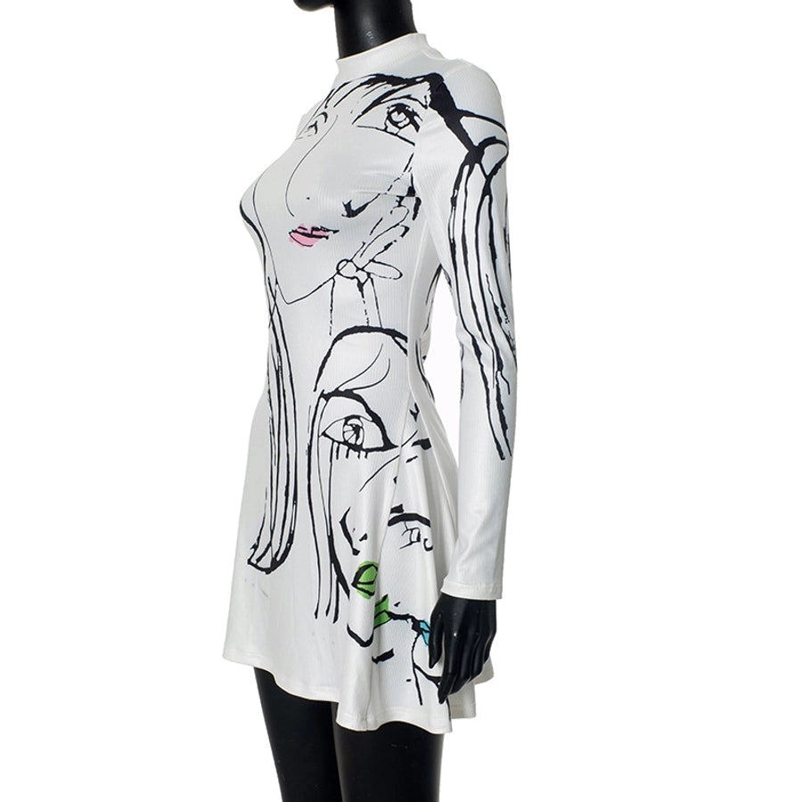 Women's A- Line Skirt Streetwear Round Neck Long Sleeve Portrait Lines Above Knee Daily