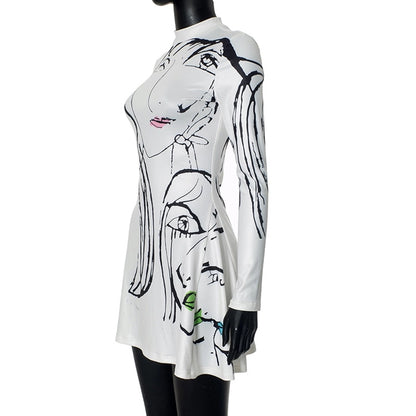 Women's A- Line Skirt Streetwear Round Neck Long Sleeve Portrait Lines Above Knee Daily