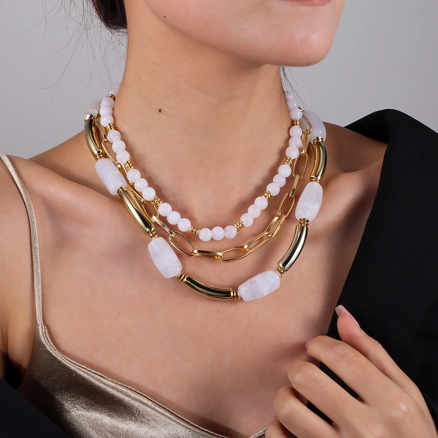 Retro Geometric Arylic Alloy Beaded Chain Paperclip Chain Layered Necklaces