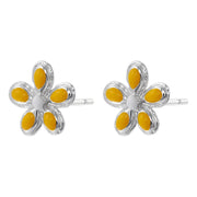 White Gold Color Yellow Dripping Oil Five Petal Flower Ear Studs 1 Pair