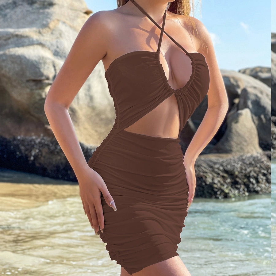 Women's Sheath Dress Sexy Halter Neck Sleeveless Solid Color Knee-Length Beach
