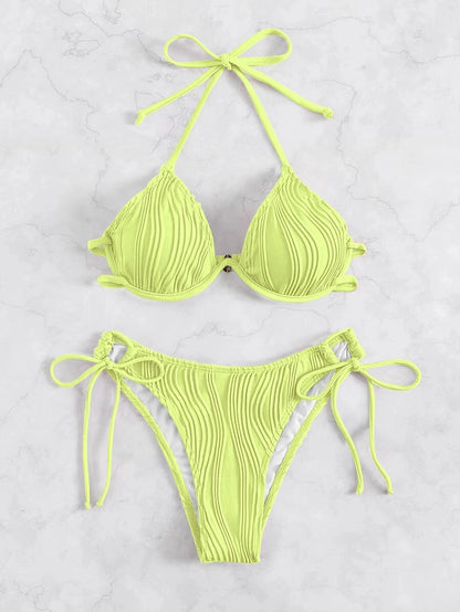 Women's Solid Color Stripe 2 Pieces Set Bikinis Swimwear