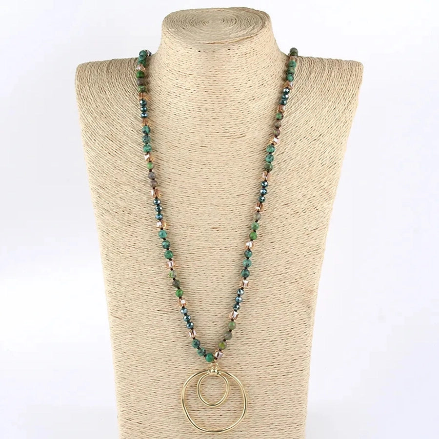 Retro Geometric Semi-precious stone Alloy Glass Beaded Chain Pendant Necklace In Bulk Natural stone necklace
