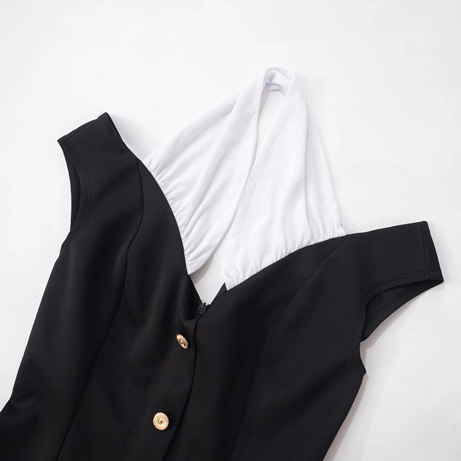 Women's Hip skirt Elegant Halter Neck Contrast Binding Short Sleeve Contrast Binding Above Knee Daily