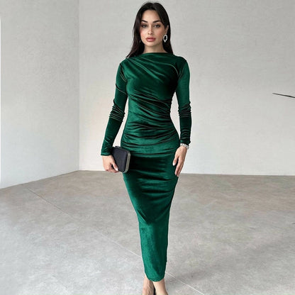 Women's Sheath Dress Casual Boat Neck Long Sleeve Solid Color Maxi Long Dress Daily