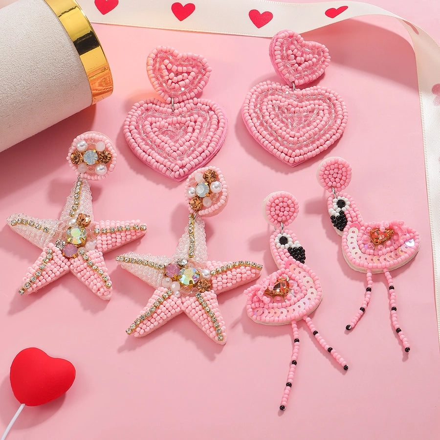 1 Pair Sweet Flamingo Heart Shape Cloth Earrings