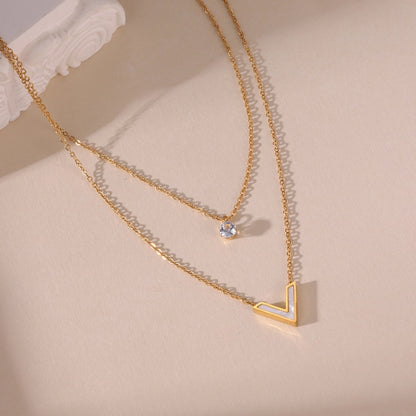 1 Elegant 18K Real Gold Stainless Steel Multi-Layer Zircon V-Shaped Shell Pendant Necklace for Women Daily Necklace