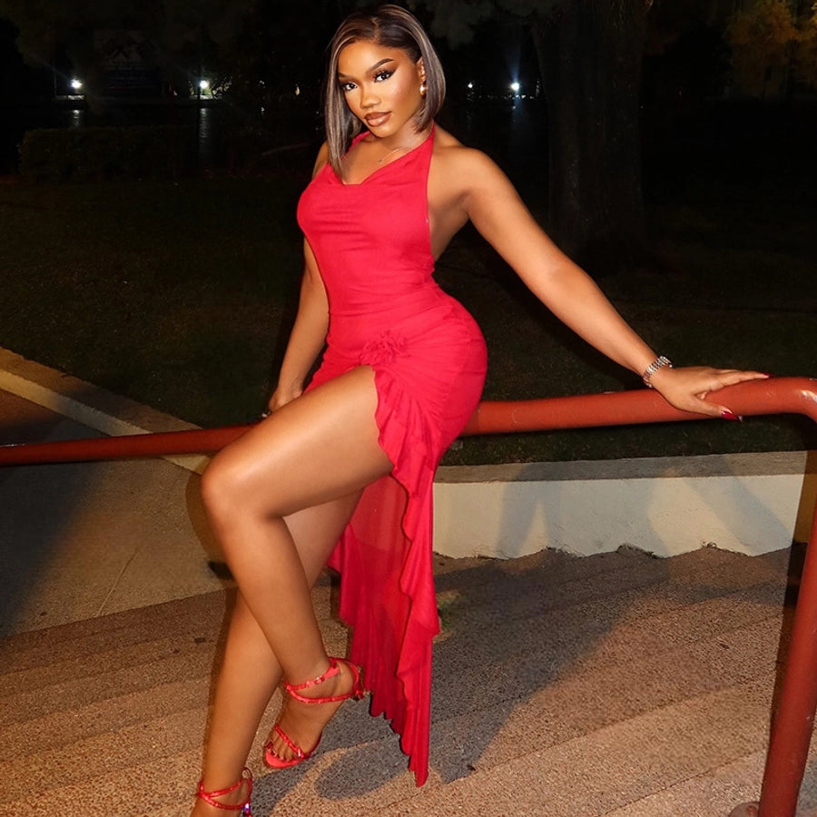 Women's Sheath Dress Elegant Sexy Halter Neck Pleated Sleeveless Solid Color Asymmetrical Dress Banquet