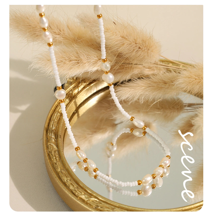 Jewelry Vintage Style Luxurious French Style Round Titanium Steel Freshwater Pearl Glass Stone 18K Gold Plated Beaded Polishing Plating Necklace