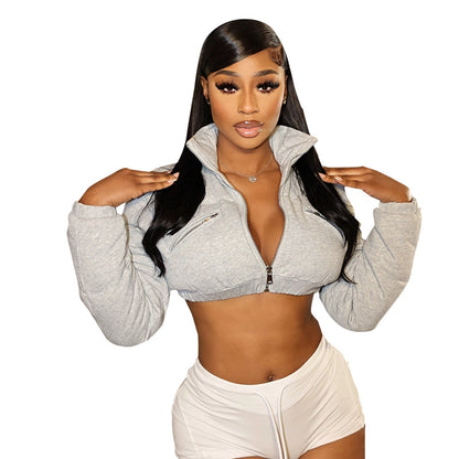 Women's Streetwear Solid Color Zipper Coat cotton clothes