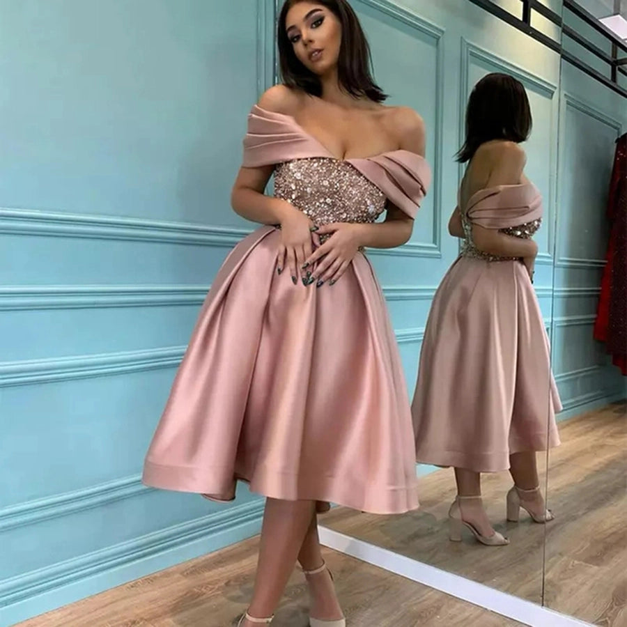 party dress romantic boat neck sequins backless sleeveless solid color midi dress wedding