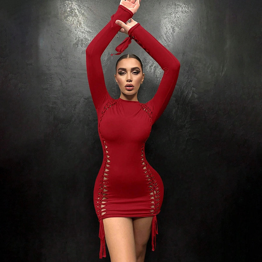 Women's Hip skirt Streetwear Round Neck Long Sleeve Solid Color Above Knee Holiday