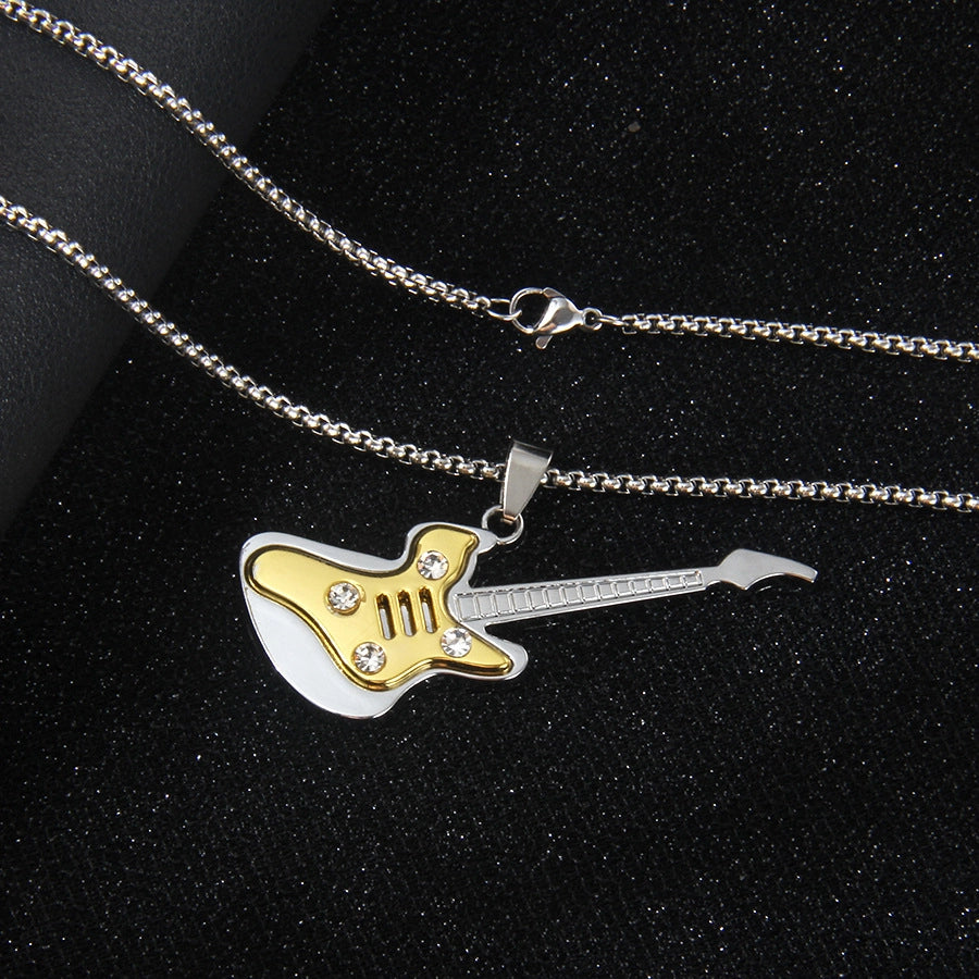 Rock Guitar 201 Stainless Steel Alloy Inlay Rhinestones Unisex Pendant Necklace