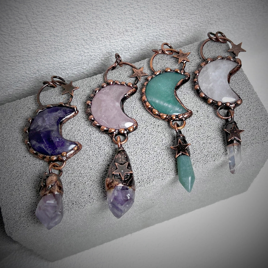 1 Piece 35*91mm Crystal Green aventurine Natural Stone Crystal Star Moon Pendant Jewelry Accessories