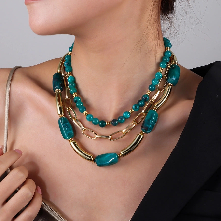 Retro Geometric Arylic Alloy Beaded Chain Paperclip Chain Layered Necklaces