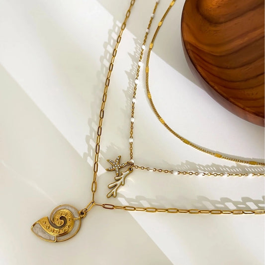 Jewelry Marine Style Beach Starfish Conch 316L Stainless Steel  18K Gold Plated Pendant Necklace