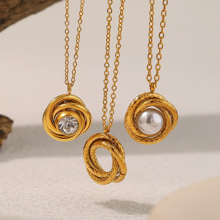 Jewelry IG Style Vacation French Style Round 304 Stainless Steel Artificial Pearls Zircon 18K Gold Plated Pendant Necklace