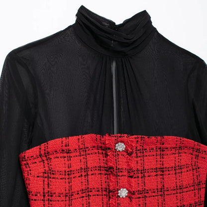 Women's Sheath Dress Elegant Sexy High Neck Lace Long Sleeve Color Block Plaid Above Knee Banquet Daily
