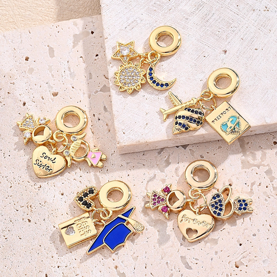 1 Piece 26mm 28mm 30mm Hole 4~4.9mm Copper Zircon 18K Gold Plated Sun Heart Shape Airplane Beads Jewelry Accessories