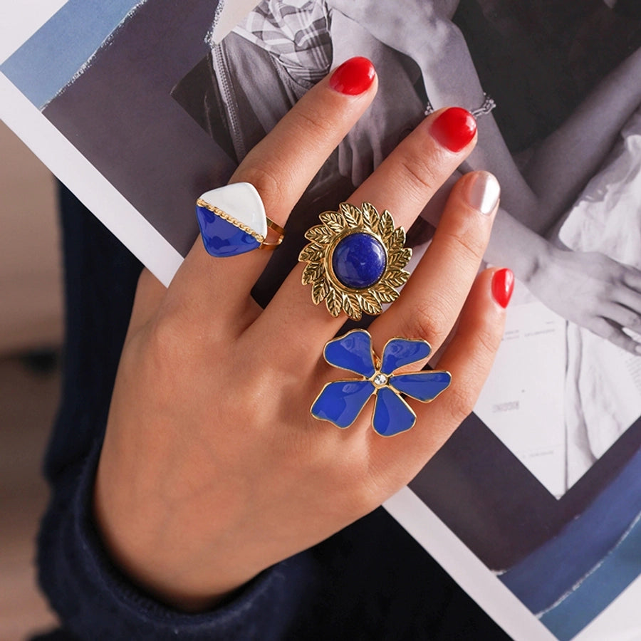 Jewelry Preppy Style Sweet Pastoral Flower Rhombus 304 Stainless Steel Zircon 14K Gold Plated Enamel Open Rings