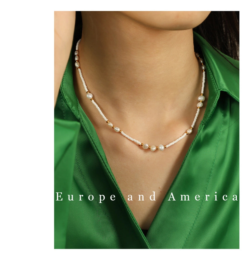 Jewelry Vintage Style Luxurious French Style Round Titanium Steel Freshwater Pearl Glass Stone 18K Gold Plated Beaded Polishing Plating Necklace