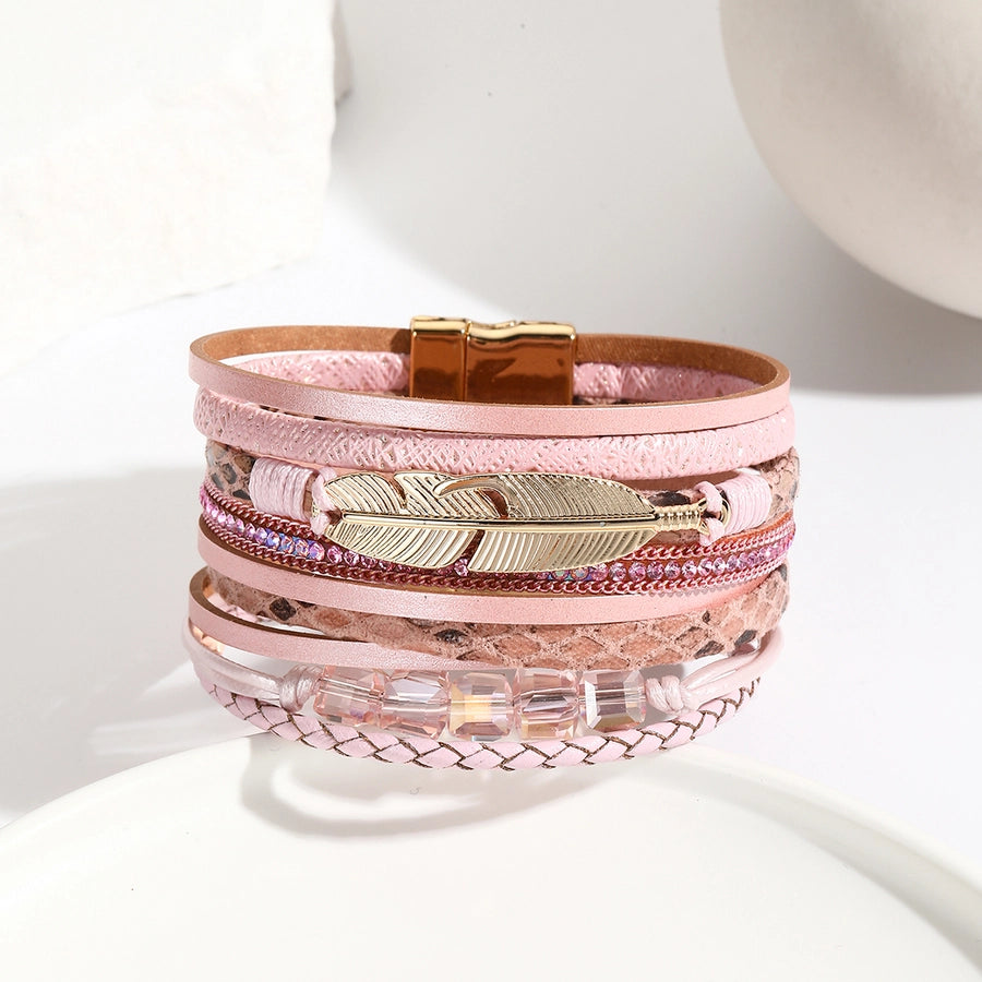 Simple Style Feather Pu Leather Woven Chain Wrap Bracelets