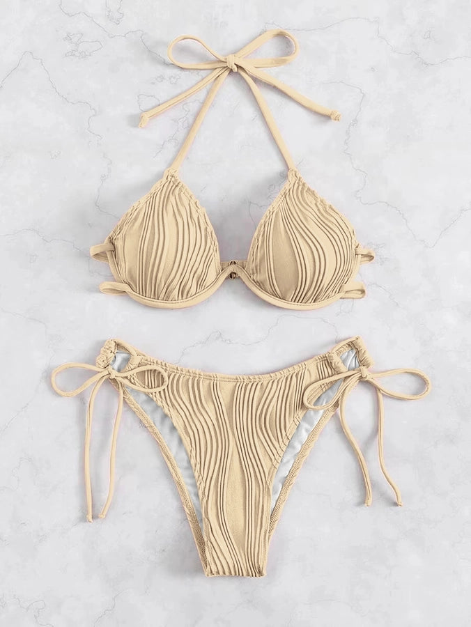 Women's Solid Color Stripe 2 Pieces Set Bikinis Swimwear