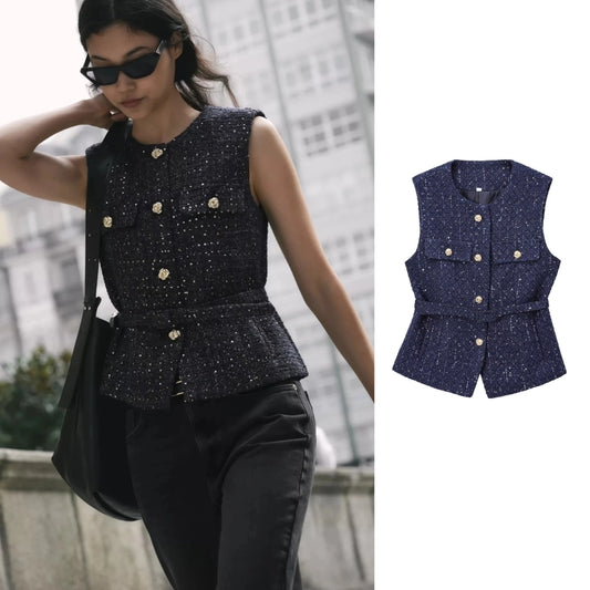 Women's Elegant Solid Color Belt Single Breasted Vest