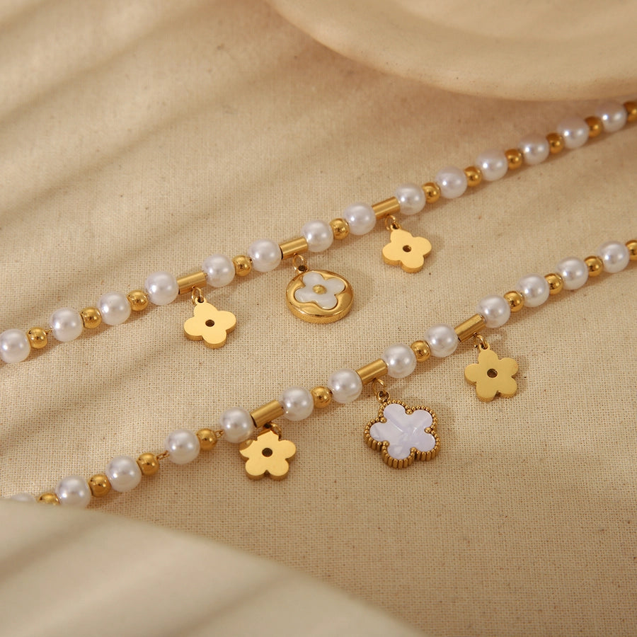 Retro Simple Style Commute Floral 304 Stainless Steel 18K Gold Plated Acrylic Beaded Chain Bracelets In Bulk Stainless Steel Bracelets