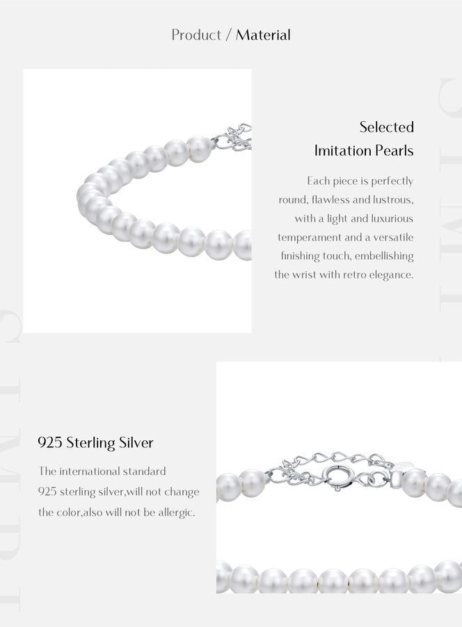 925 Sterling Silver Artificial Pearl Beaded Chain Bracelets IG Style Elegant Lady